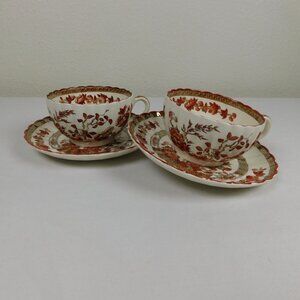Lot of 2 Spode Indian Tree Tea Cup Saucer Set Scalloped Orange Old Backstamp Vtg